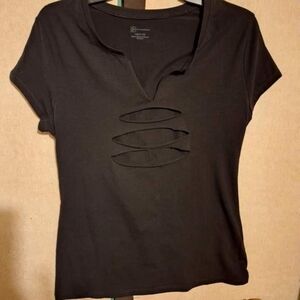 'No Boundaries' fitted, split neck, "ripped-for-you" black t-shirt.